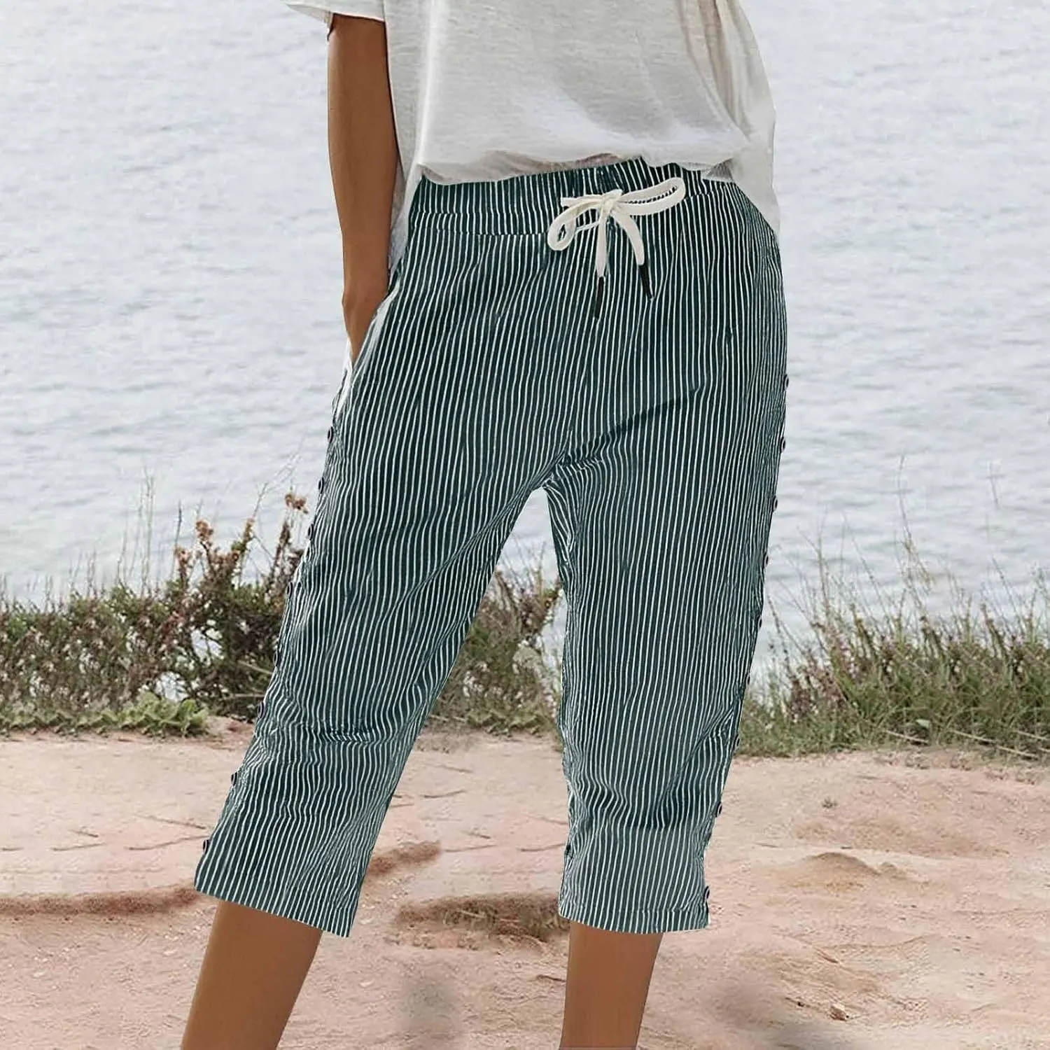 Striped Linen Capri Pants for Women Drawstring High Waist Straight Leg Lounge Pants Dressy Casual Summer 3/4 Trouser