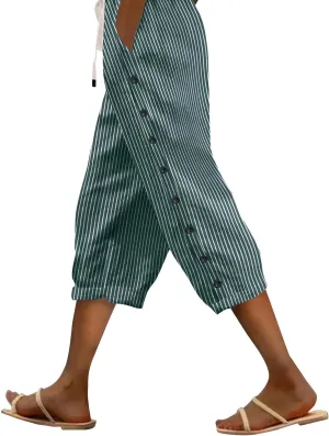 Striped Linen Capri Pants for Women Drawstring High Waist Straight Leg Lounge Pants Dressy Casual Summer 3/4 Trouser