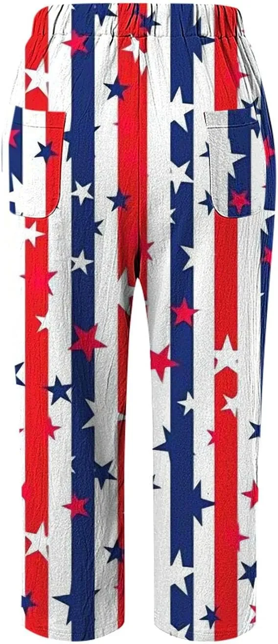 Striped Linen Capris Women Casual Drawstring Pants Casual Lounge Travel Trousers with Pockets Women Linen Pants