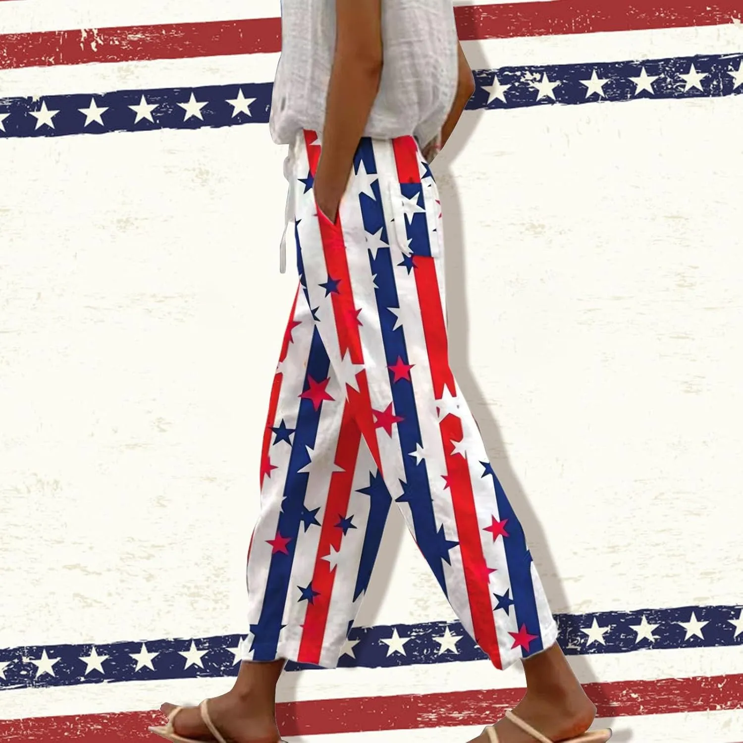 Striped Linen Capris Women Casual Drawstring Pants Casual Lounge Travel Trousers with Pockets Women Linen Pants