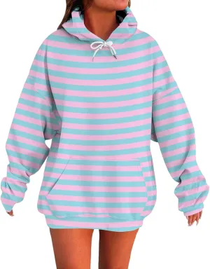 Striped Sweatshirts Women Long Sleeve Drawstring Athletic Hoodies Pullover Sweater Tops Preppy Clothes Fall Outfits