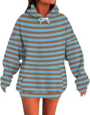Striped Sweatshirts Women Long Sleeve Drawstring Athletic Hoodies Pullover Sweater Tops Preppy Clothes Fall Outfits