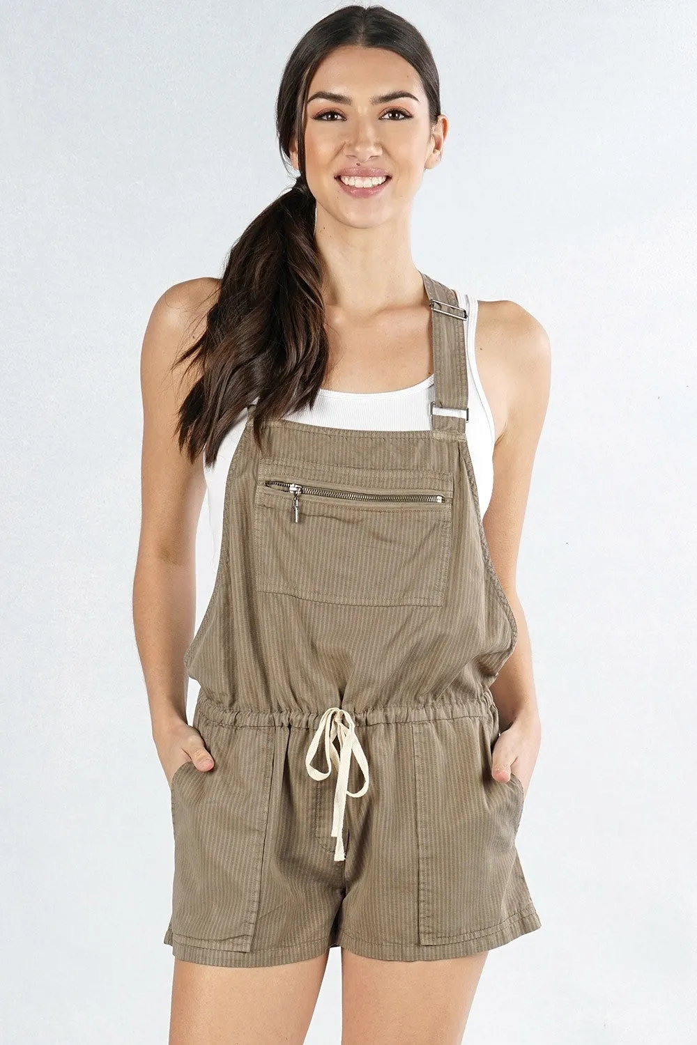 Striped Tencel Short Overalls