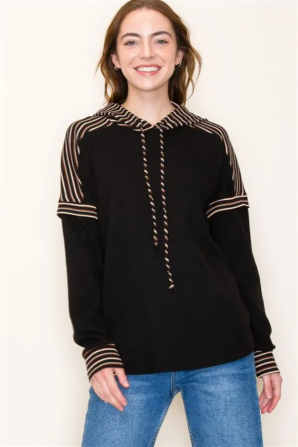 Striped Thermal hoodie in black/ striped