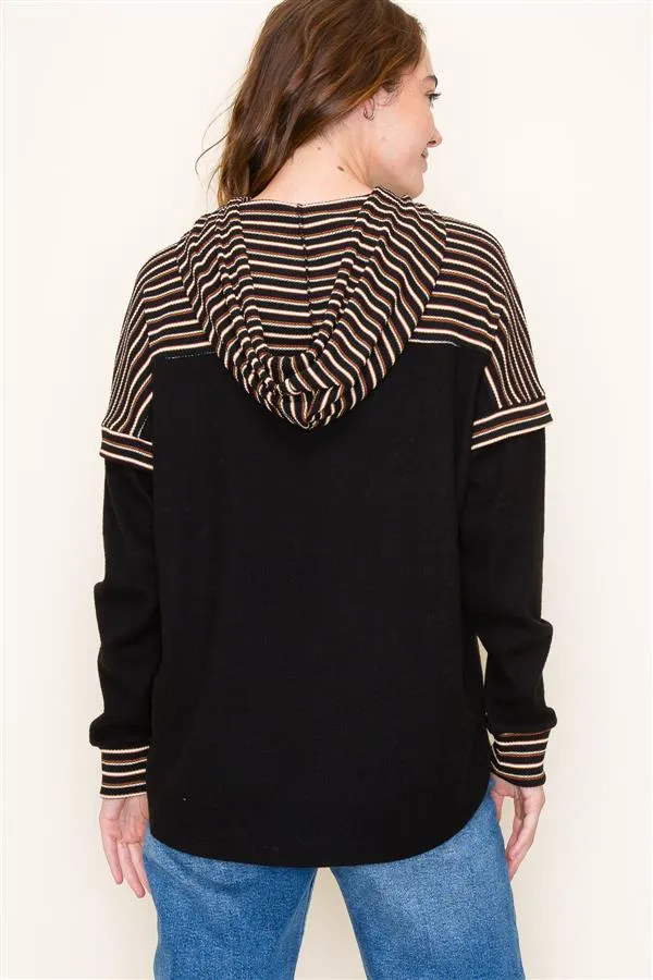Striped Thermal hoodie in black/ striped