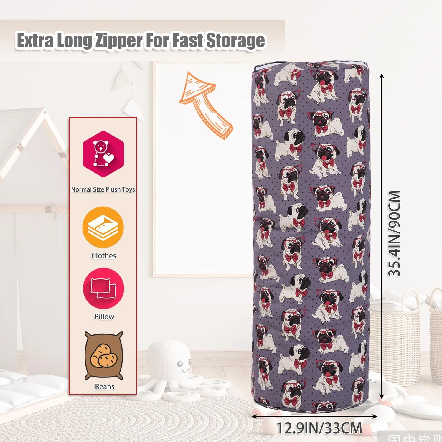 Stuffed Animal Storage Bean Bag Chair Cover (No Filler), Cylinder Plush Toy Storage Stuff and Sit Seat for Kids Boys and Girls, Canvas Large Soft Sit & Play Sofa with YKK Zipper