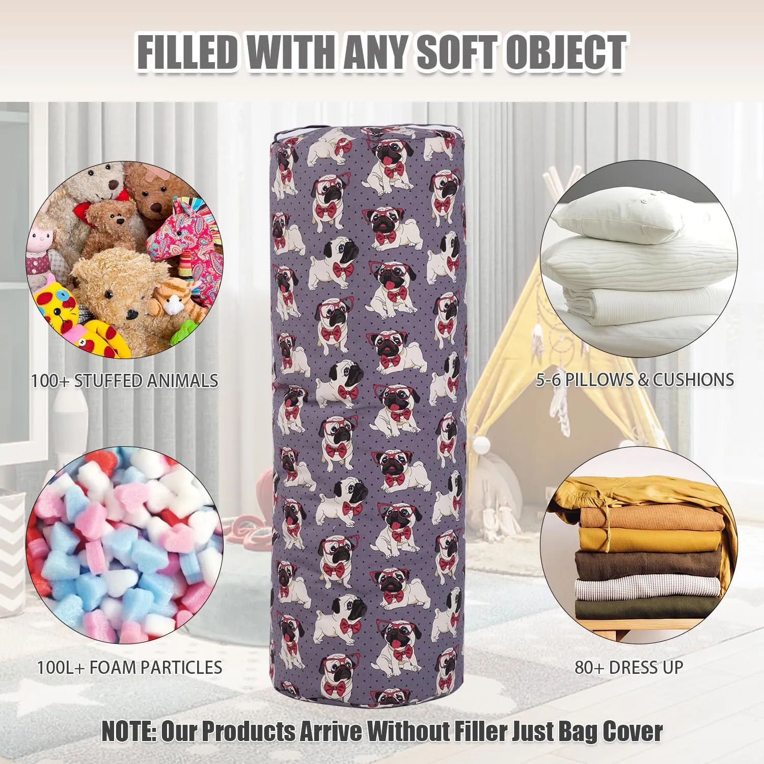 Stuffed Animal Storage Bean Bag Chair Cover (No Filler), Cylinder Plush Toy Storage Stuff and Sit Seat for Kids Boys and Girls, Canvas Large Soft Sit & Play Sofa with YKK Zipper