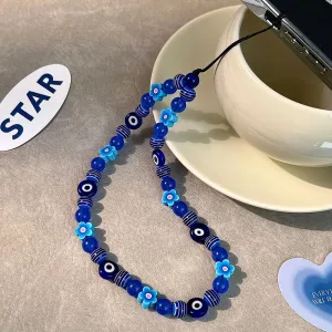 Stylish Blue Evil Eye Beaded Phone Strap with Flower Charm for Women’s Mobile Accessories