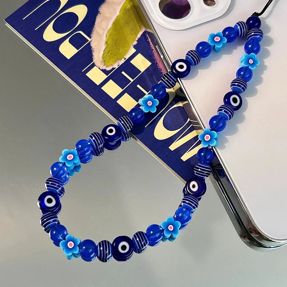Stylish Blue Evil Eye Beaded Phone Strap with Flower Charm for Women’s Mobile Accessories
