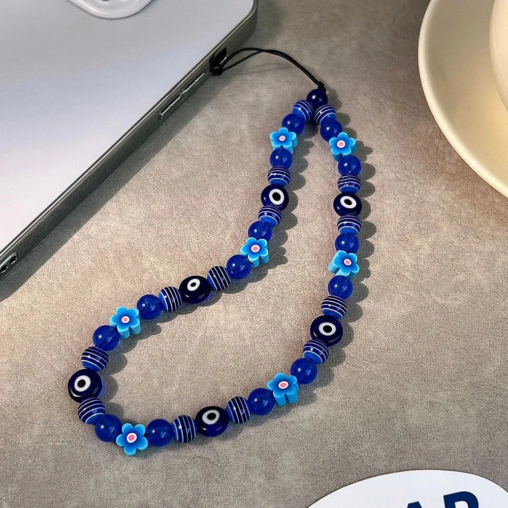 Stylish Blue Evil Eye Beaded Phone Strap with Flower Charm for Women’s Mobile Accessories