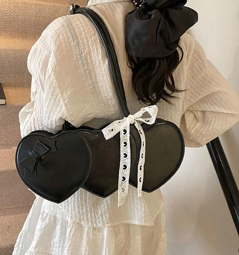 Stylish Shoulder Bag Purses for Women Heart-shaped Hobo Bags Ladies Clutch with Bowknot Ribbon Accessory