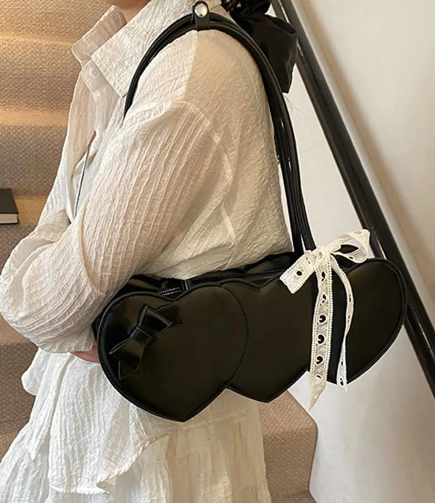 Stylish Shoulder Bag Purses for Women Heart-shaped Hobo Bags Ladies Clutch with Bowknot Ribbon Accessory