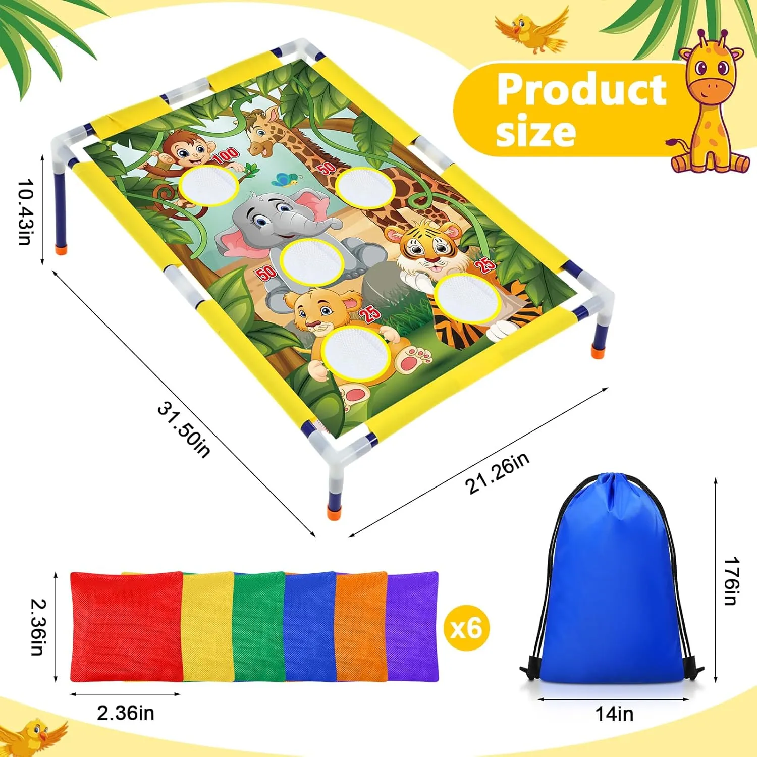 Summer Bean Bag Toss Games with 6 Bean Bags Portable PVC Framed Corn Hole Game Set for Beach Safari Theme Outdoor Game Party
