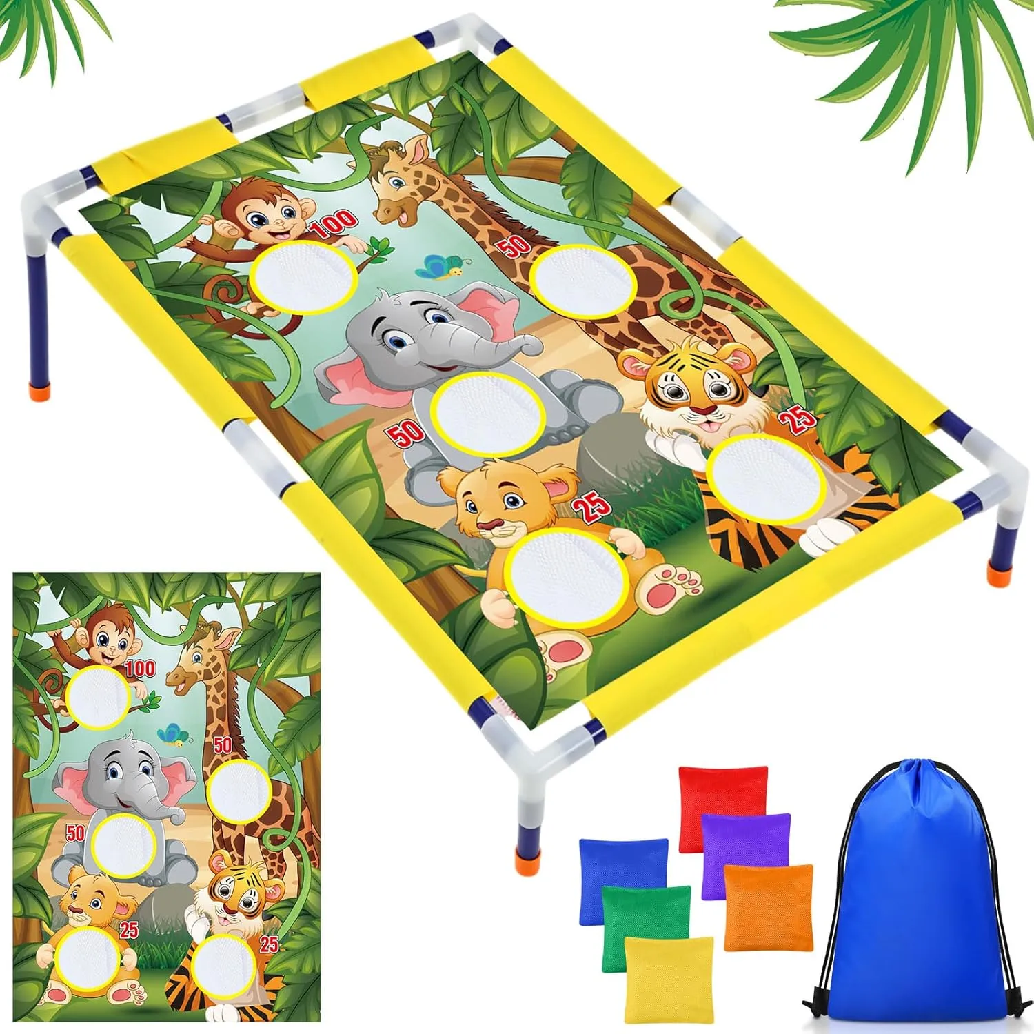 Summer Bean Bag Toss Games with 6 Bean Bags Portable PVC Framed Corn Hole Game Set for Beach Safari Theme Outdoor Game Party