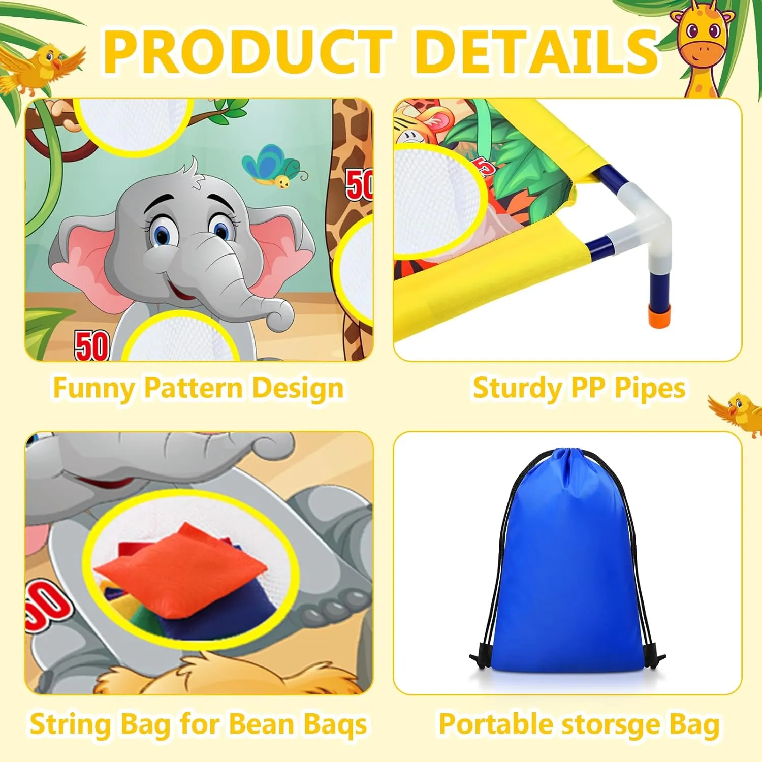 Summer Bean Bag Toss Games with 6 Bean Bags Portable PVC Framed Corn Hole Game Set for Beach Safari Theme Outdoor Game Party