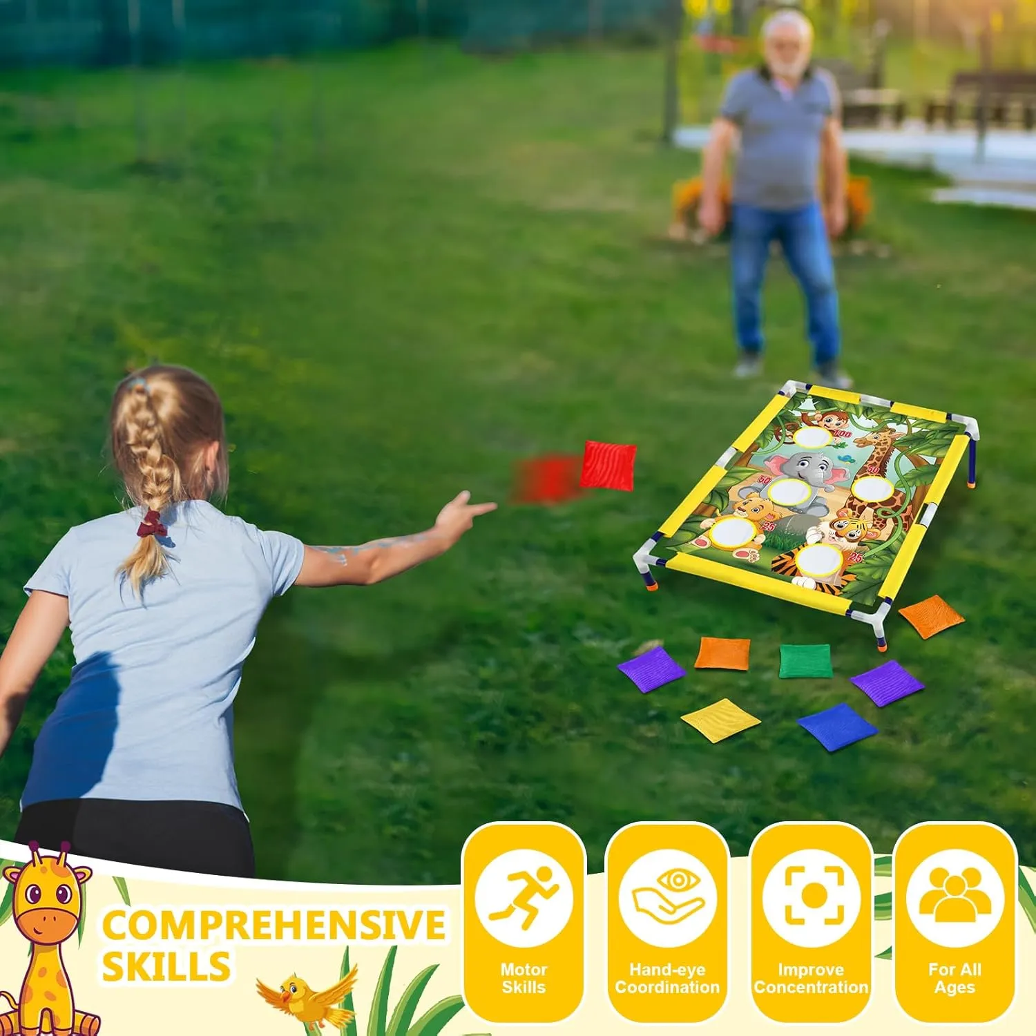 Summer Bean Bag Toss Games with 6 Bean Bags Portable PVC Framed Corn Hole Game Set for Beach Safari Theme Outdoor Game Party