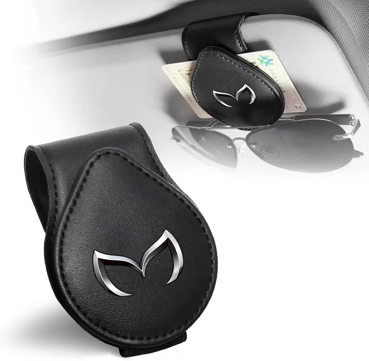 Sunglasses Holder for Car Leather Glasses Frame, Eyeglass Hanger Card Clip Car Sun Visor Accessories Compatible with Mazda 2 3 6 CX-3 CX-5 CX-9