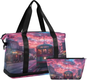 Sunset Streetcar Pattern Duffel Bag Lightweight Carry On Gym Bags for Travel and Weekends, Versatile Overnight Bag with Shoe Compartment