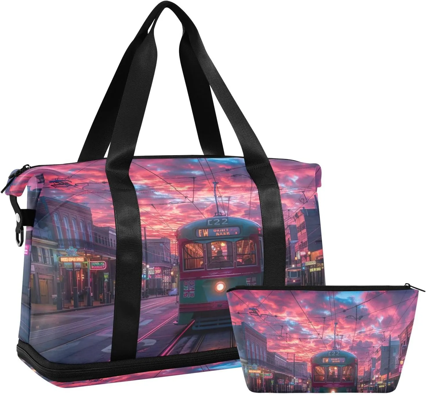 Sunset Streetcar Pattern Duffel Bag Lightweight Carry On Gym Bags for Travel and Weekends, Versatile Overnight Bag with Shoe Compartment