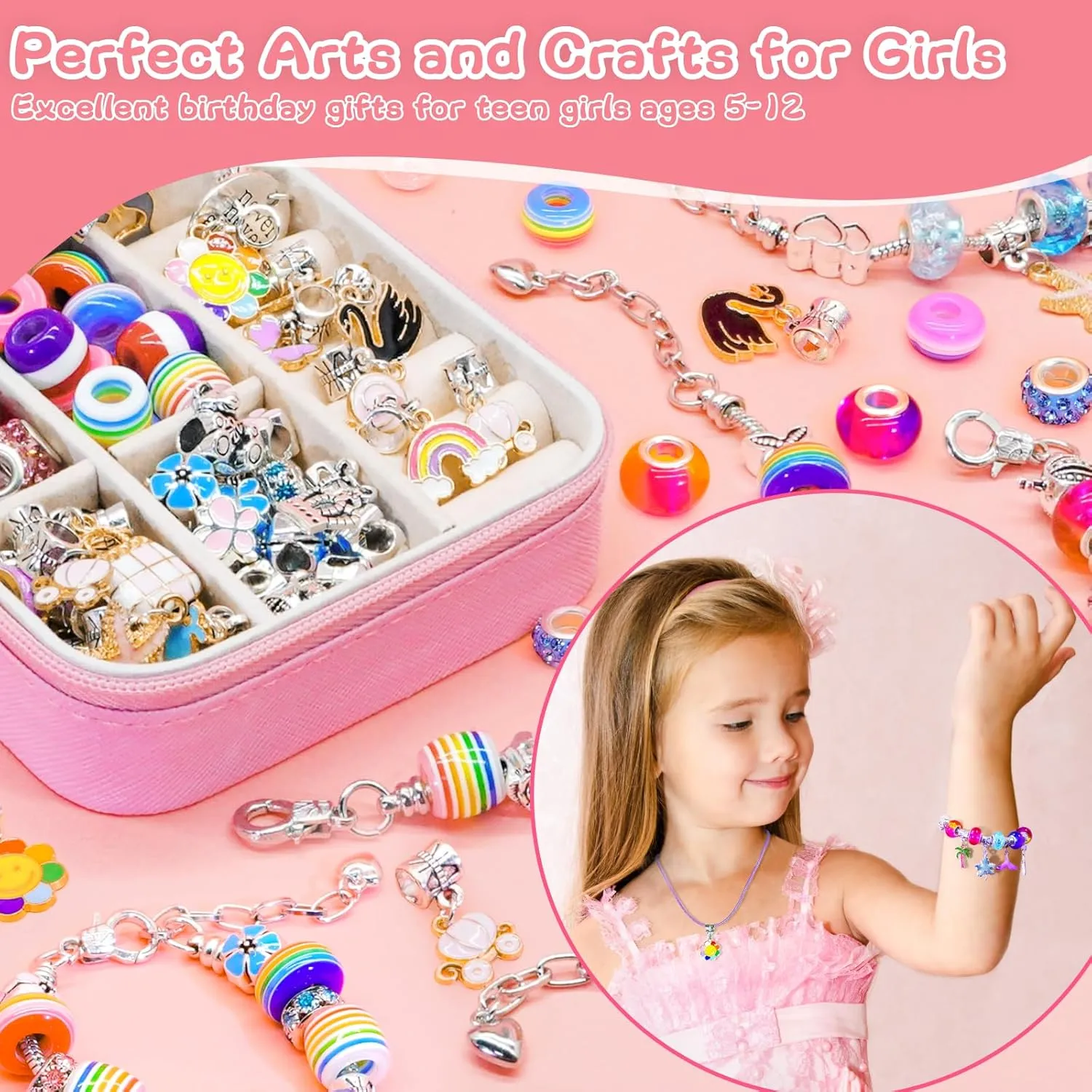 SUREHOME Charm Bracelet Making Kit, Art and Crafts for Girls 8-12 Girls Toys Age 6-8 Kids Jewelry Making Kit with Box Personalized Christmas Gifts for 5 7 8 9 10 11 12 Years Old Birthday Trendy Stuff