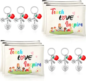 Sureio 12 PCS Teacher Appreciation Gift Set 6 Makeup Cosmetic Bags and 6 Keychains Teacher's Day Valentines Graduation Gifts