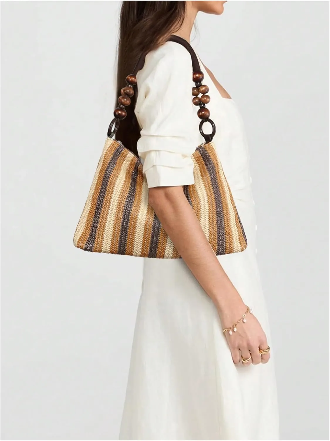 SweatyRocks Women's Striped Colorblock Zipper Shoulder Bag Top Handle Beaded Medium Envelope Bag