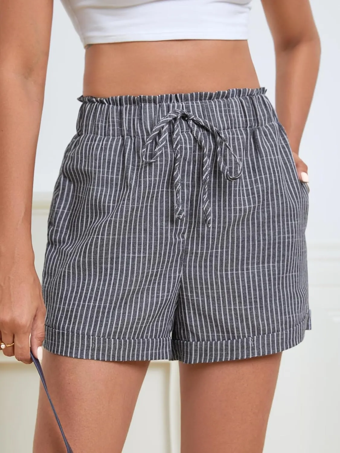 SweatyRocks Women's Striped Pattern Drawstring Waist Shorts Wide Leg Summer Shorts with Pockets