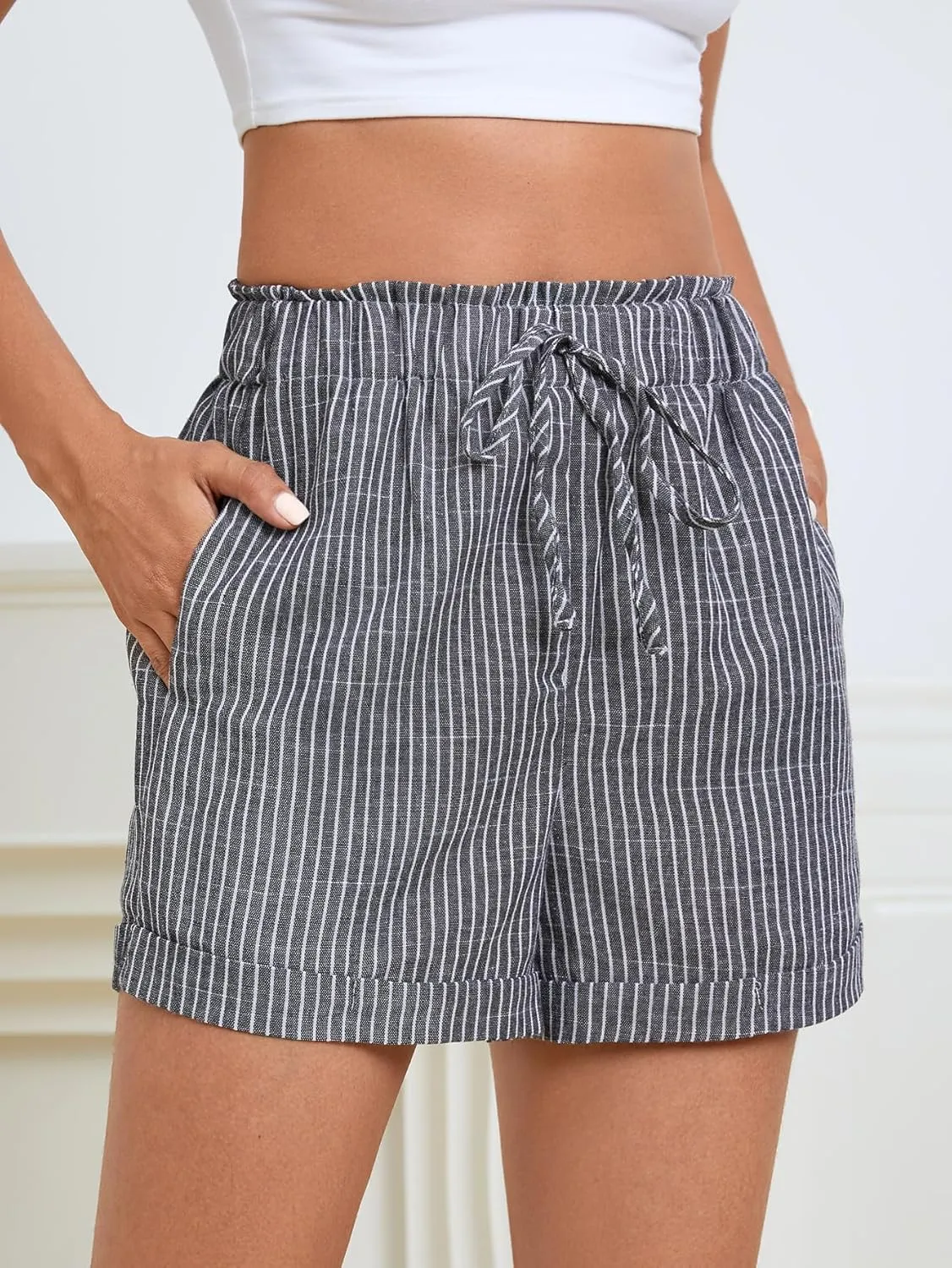 SweatyRocks Women's Striped Pattern Drawstring Waist Shorts Wide Leg Summer Shorts with Pockets