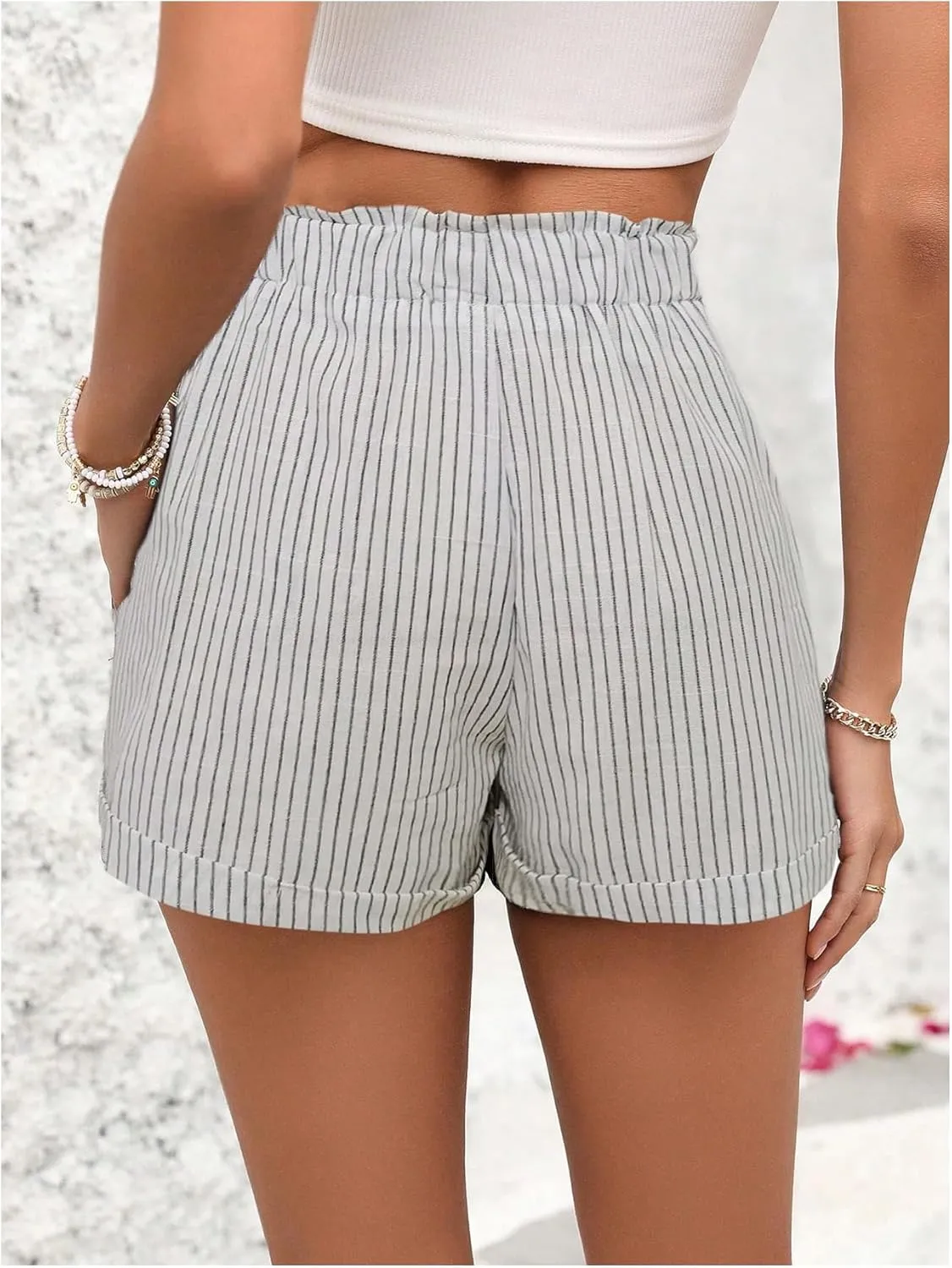SweatyRocks Women's Striped Pattern Drawstring Waist Shorts Wide Leg Summer Shorts with Pockets