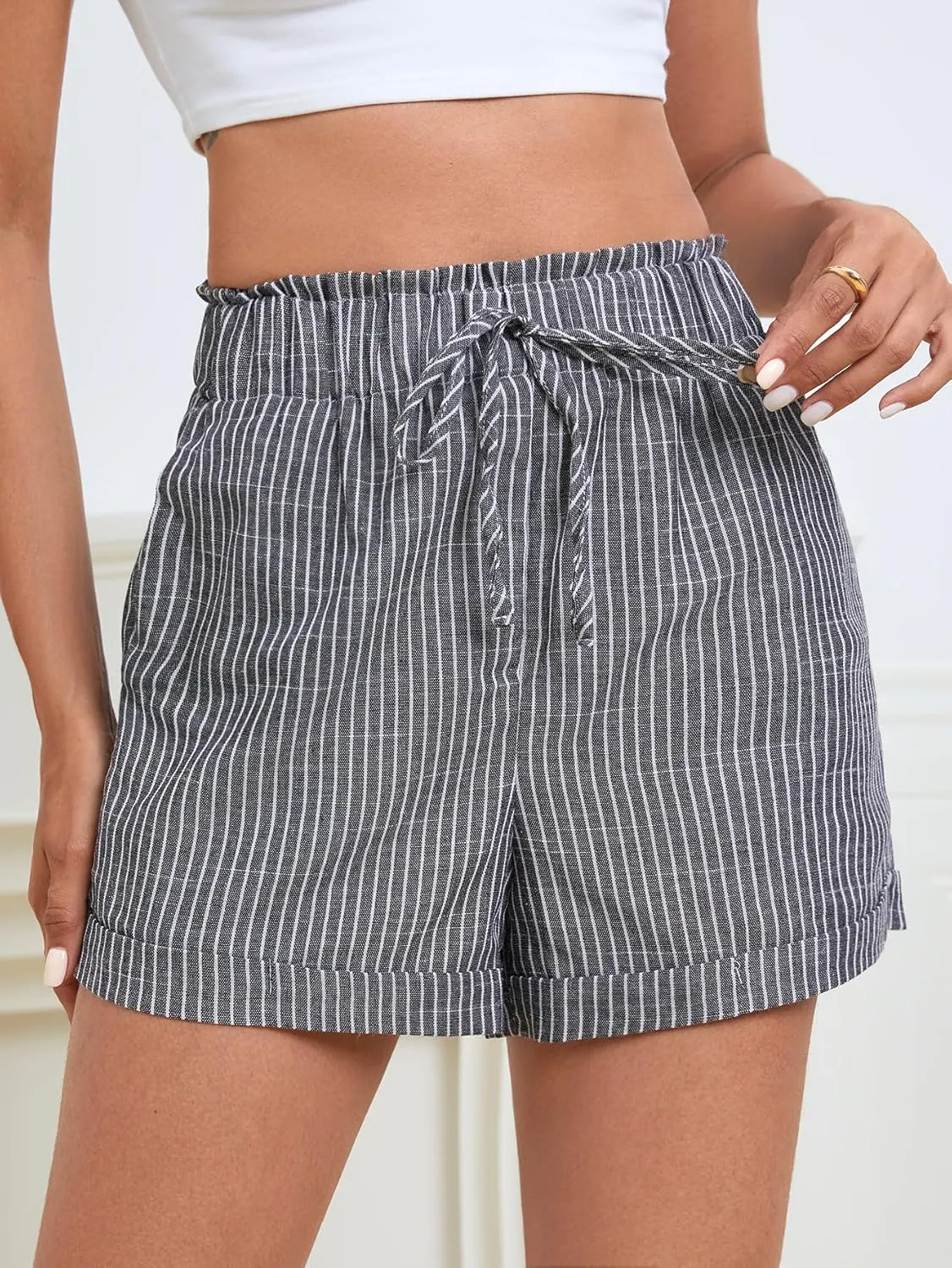 SweatyRocks Women's Striped Pattern Drawstring Waist Shorts Wide Leg Summer Shorts with Pockets