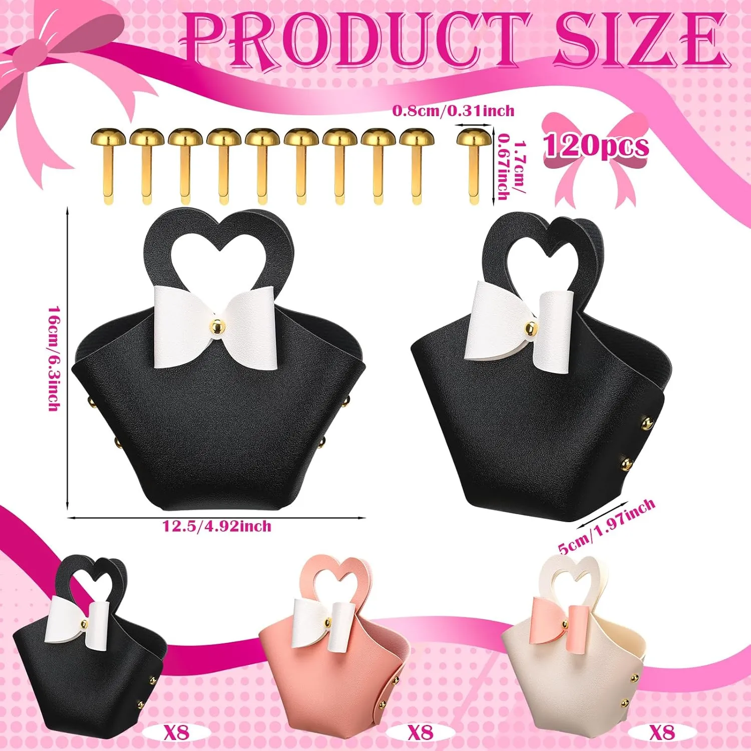 Sweetude 24 Sets Heart Shaped Gift Boxes with Coquette Bow 6.3x4.9x2 Inch Reusable Leather Bowknot Handbag Treat Box Candy Bag with Handle for Mom Birthday Wedding Baby Shower Favor(Stylish Style)