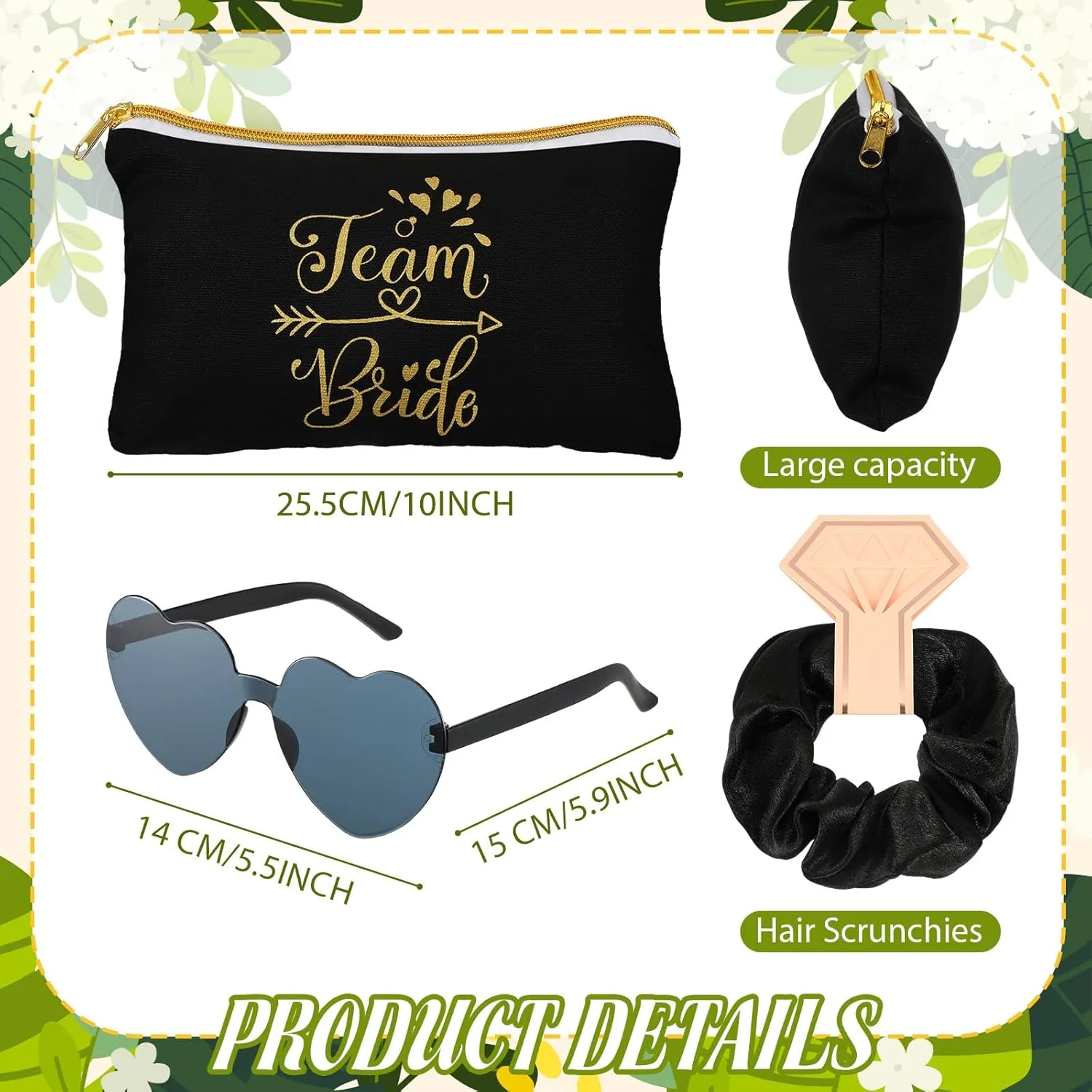 Sweetude 27 Pcs Bridesmaid Proposal Gift Bride Cosmetic Makeup Bags Bridal Hair Scrunchies Ties Heart Shape Sunglasses for Wedding Bachelorette Party Favor(Black, White)