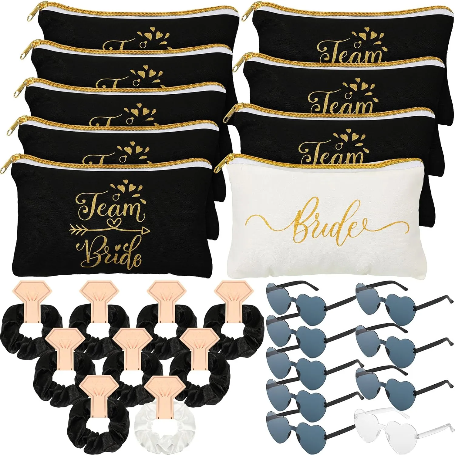 Sweetude 27 Pcs Bridesmaid Proposal Gift Bride Cosmetic Makeup Bags Bridal Hair Scrunchies Ties Heart Shape Sunglasses for Wedding Bachelorette Party Favor(Black, White)