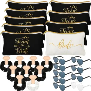Sweetude 27 Pcs Bridesmaid Proposal Gift Bride Cosmetic Makeup Bags Bridal Hair Scrunchies Ties Heart Shape Sunglasses for Wedding Bachelorette Party Favor(Black, White)