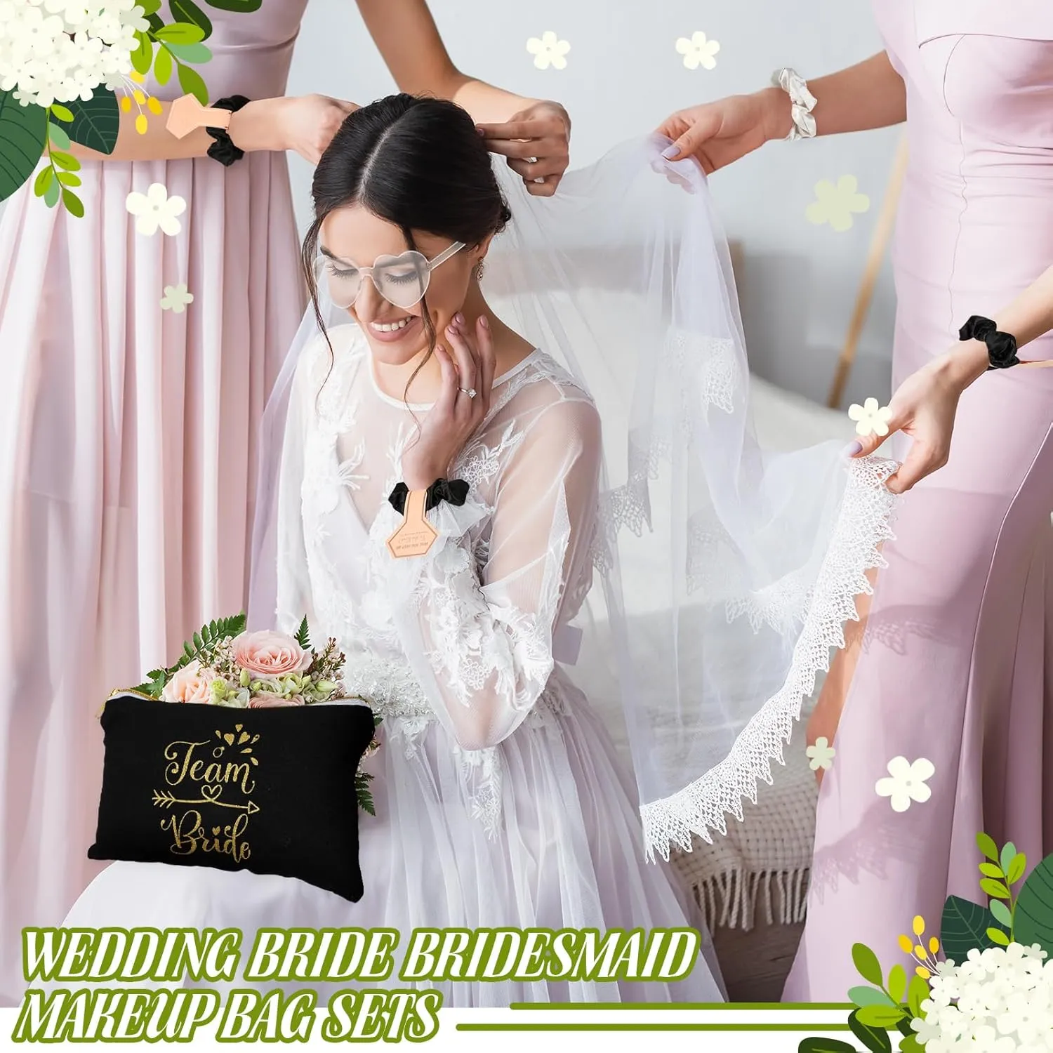 Sweetude 27 Pcs Bridesmaid Proposal Gift Bride Cosmetic Makeup Bags Bridal Hair Scrunchies Ties Heart Shape Sunglasses for Wedding Bachelorette Party Favor(Black, White)