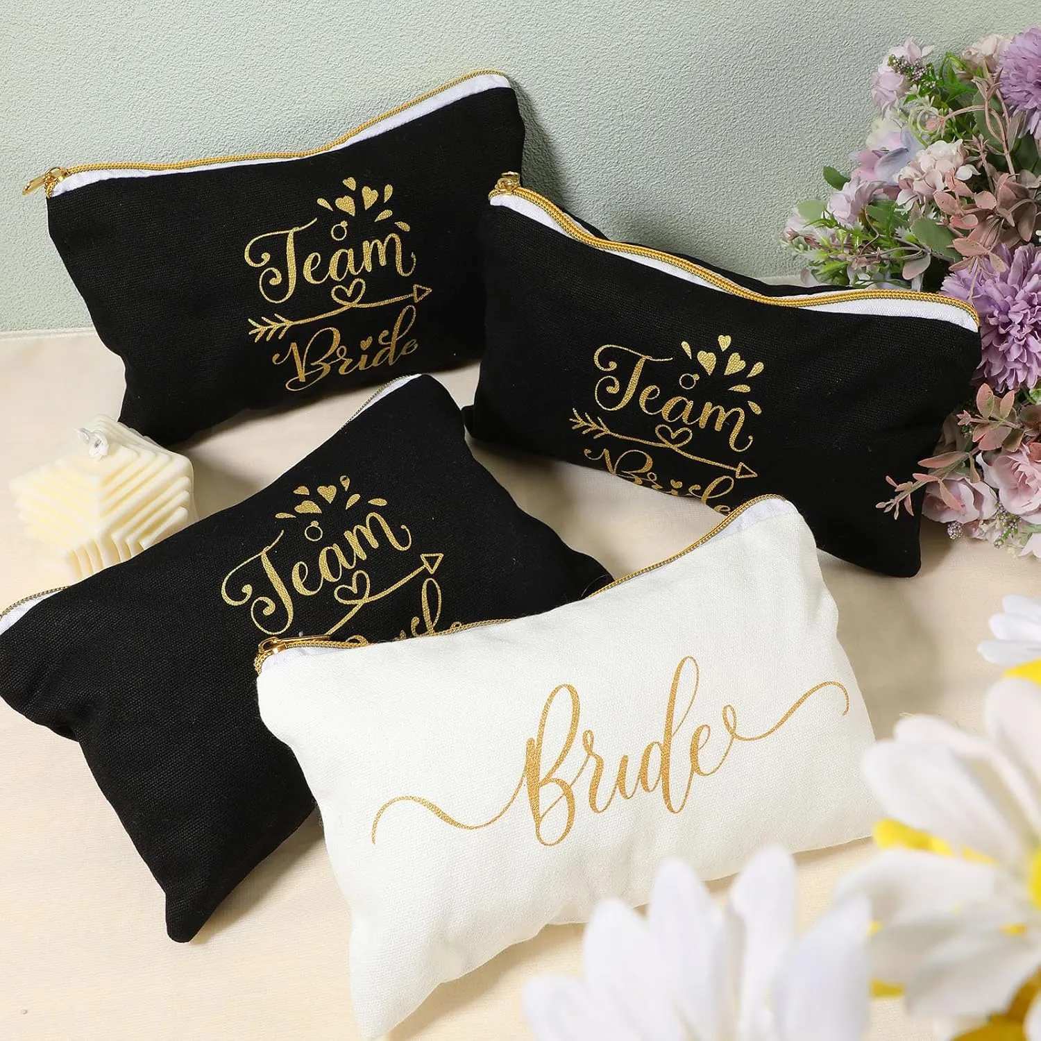 Sweetude 27 Pcs Bridesmaid Proposal Gift Bride Cosmetic Makeup Bags Bridal Hair Scrunchies Ties Heart Shape Sunglasses for Wedding Bachelorette Party Favor(Black, White)