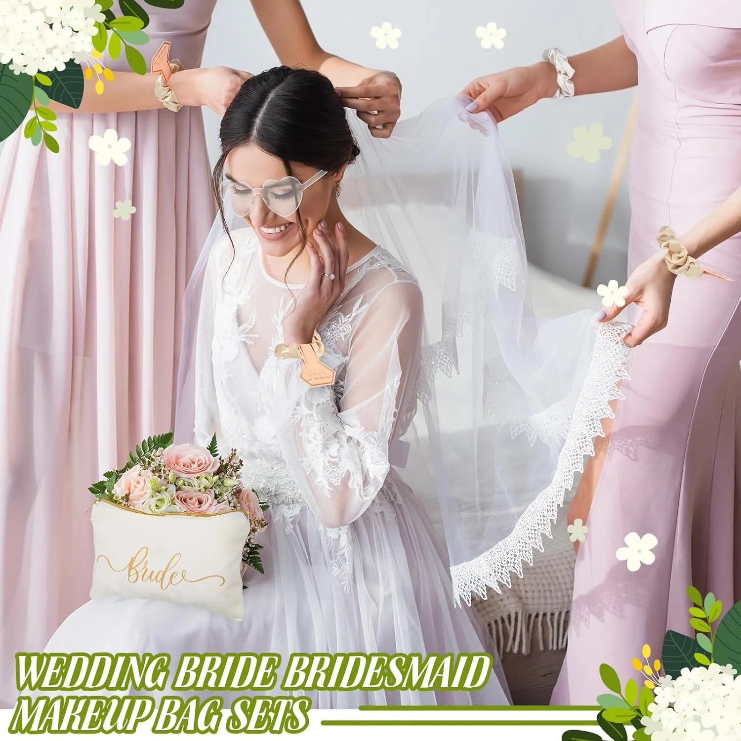 Sweetude 27 Pcs Bridesmaid Proposal Gift Bride Cosmetic Makeup Bags Bridal Hair Scrunchies Ties Heart Shape Sunglasses for Wedding Bachelorette Party Favor(Champagne, White)