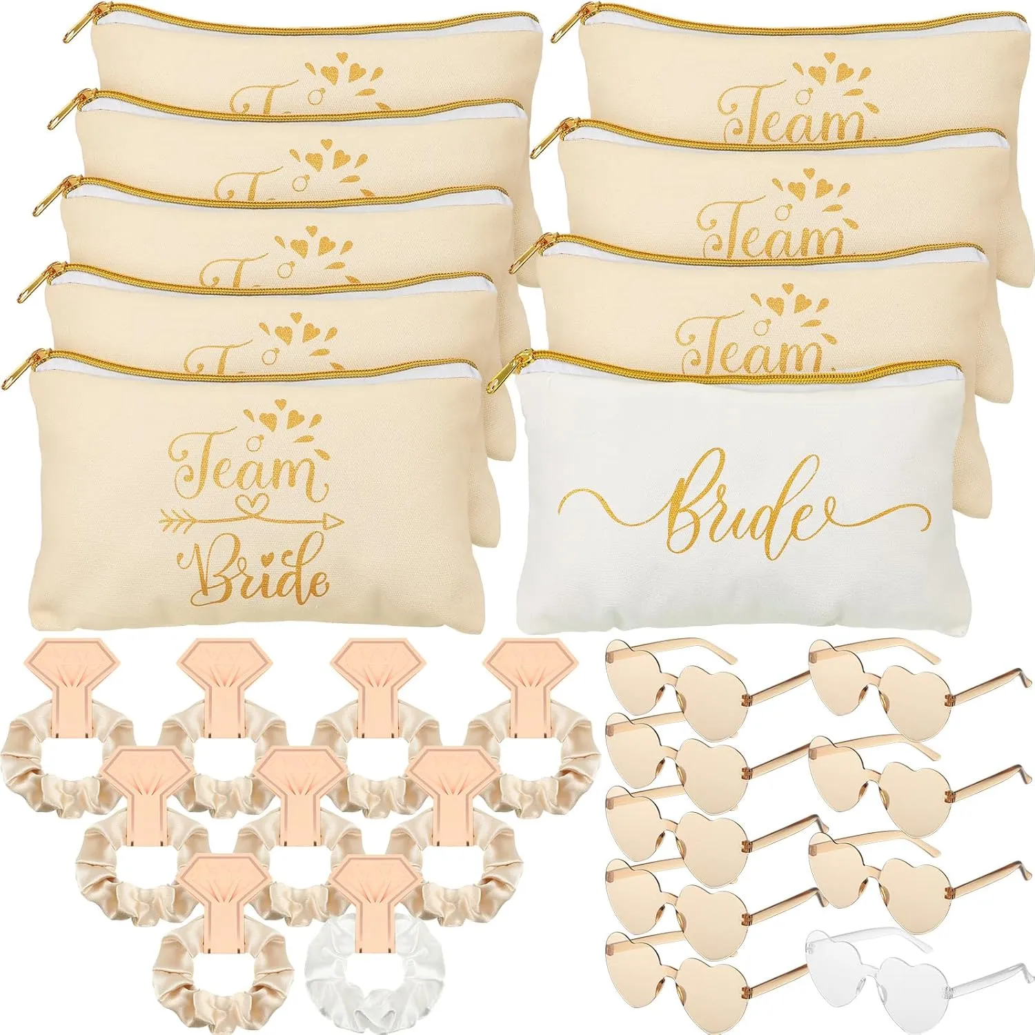 Sweetude 27 Pcs Bridesmaid Proposal Gift Bride Cosmetic Makeup Bags Bridal Hair Scrunchies Ties Heart Shape Sunglasses for Wedding Bachelorette Party Favor(Champagne, White)