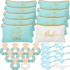 Sweetude 27 Pcs Bridesmaid Proposal Gift Bride Cosmetic Makeup Bags Bridal Hair Scrunchies Ties Heart Shape Sunglasses for Wedding Bachelorette Party Favor(Green, White)
