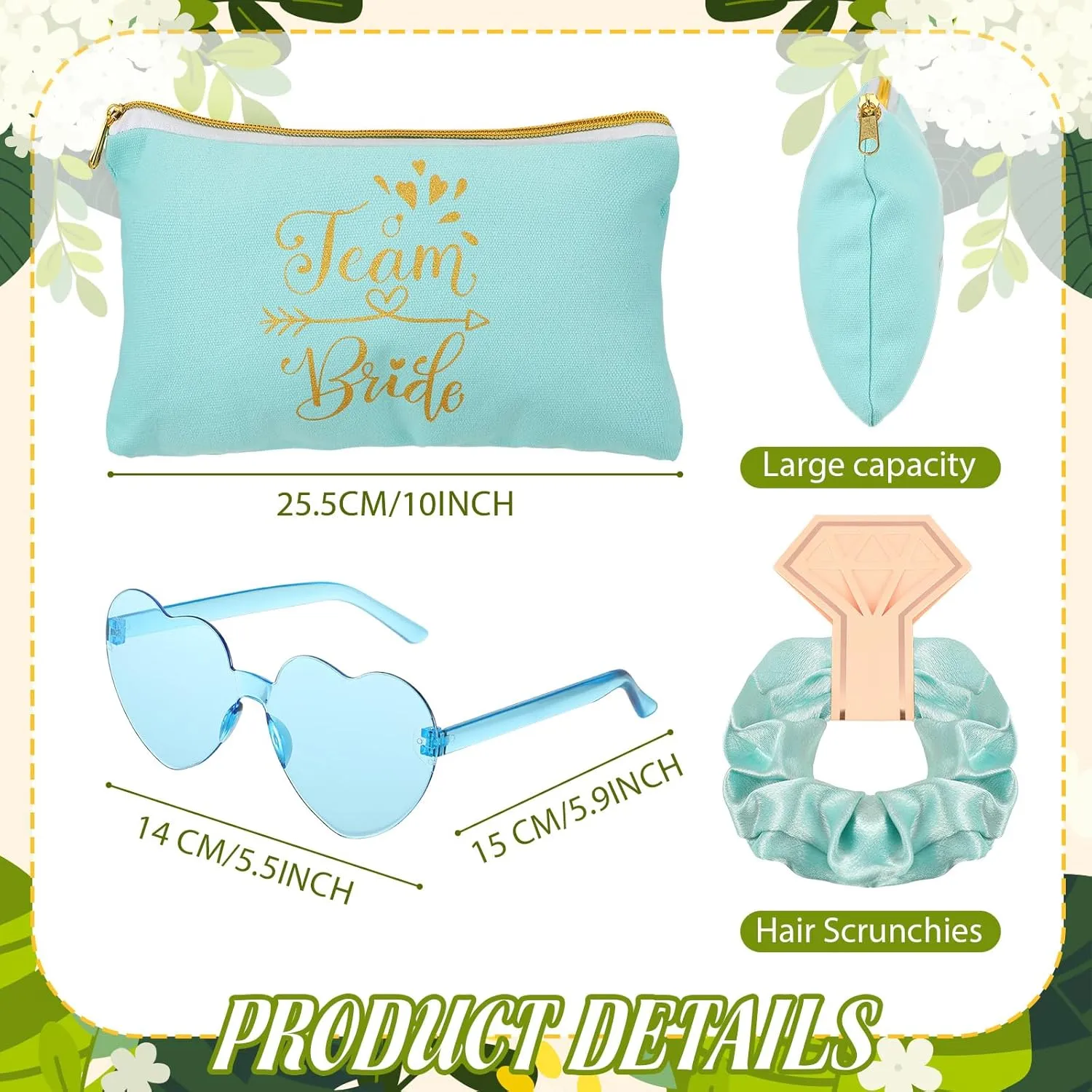 Sweetude 27 Pcs Bridesmaid Proposal Gift Bride Cosmetic Makeup Bags Bridal Hair Scrunchies Ties Heart Shape Sunglasses for Wedding Bachelorette Party Favor(Green, White)