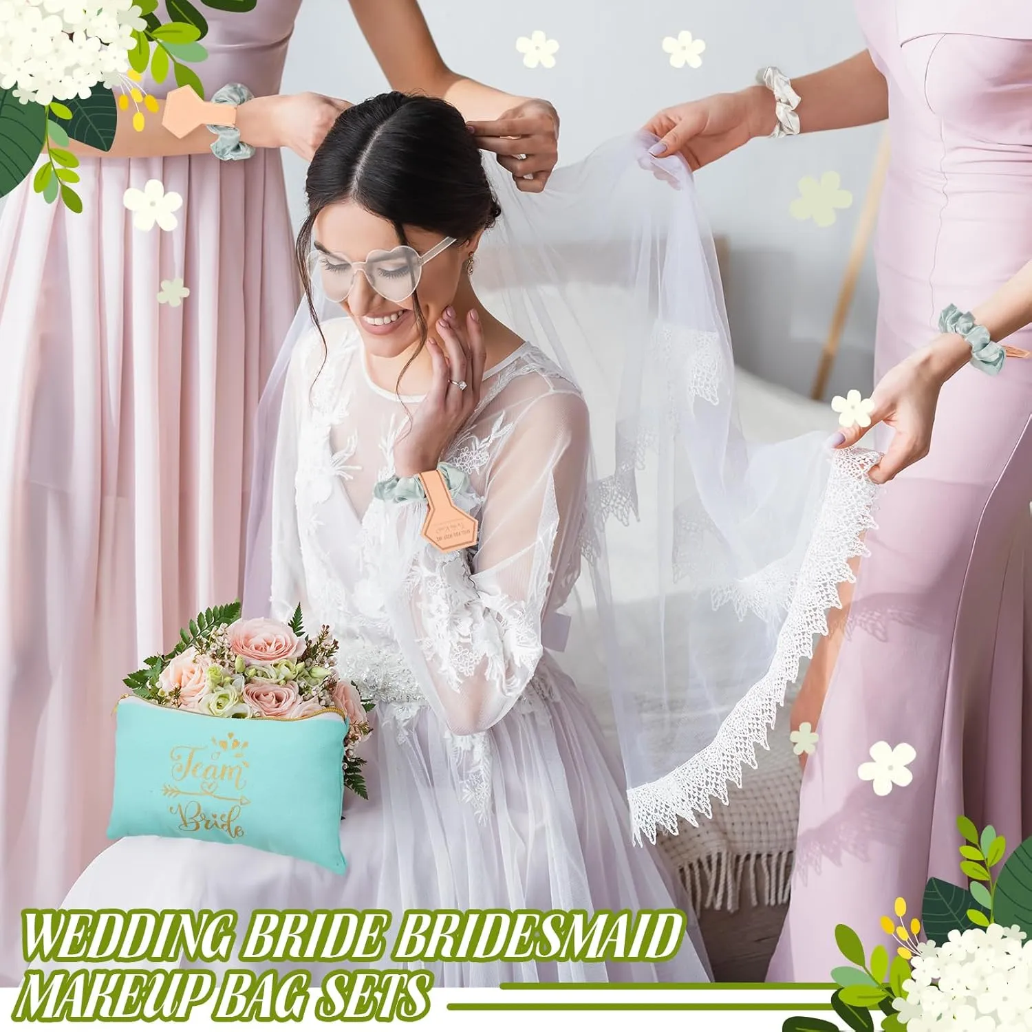 Sweetude 27 Pcs Bridesmaid Proposal Gift Bride Cosmetic Makeup Bags Bridal Hair Scrunchies Ties Heart Shape Sunglasses for Wedding Bachelorette Party Favor(Green, White)