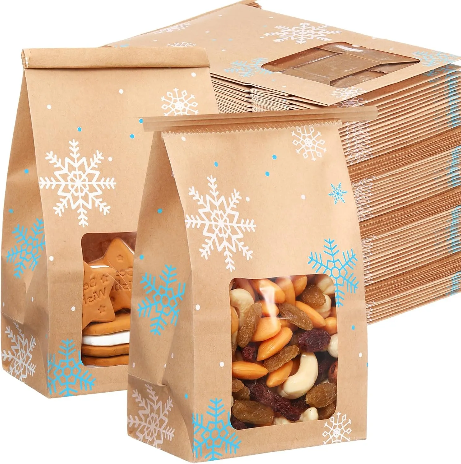 Sweetude Snowflake Bakery Bags With Window 4 x 2.36 x 6.7" Winter Kraft Paper Iron Wire Tie Tab Lock Brown for Cookies, Coffee Holiday Theme Party Favors (60 Pcs)