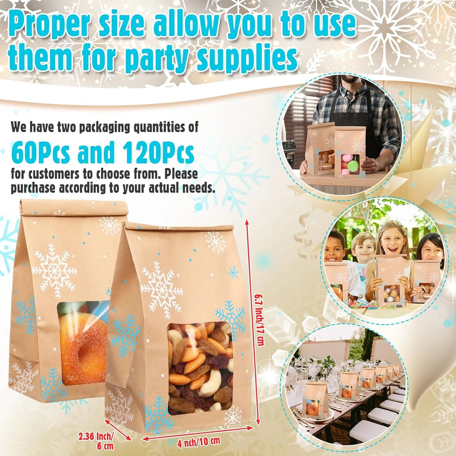 Sweetude Snowflake Bakery Bags With Window 4 x 2.36 x 6.7" Winter Kraft Paper Iron Wire Tie Tab Lock Brown for Cookies, Coffee Holiday Theme Party Favors (60 Pcs)