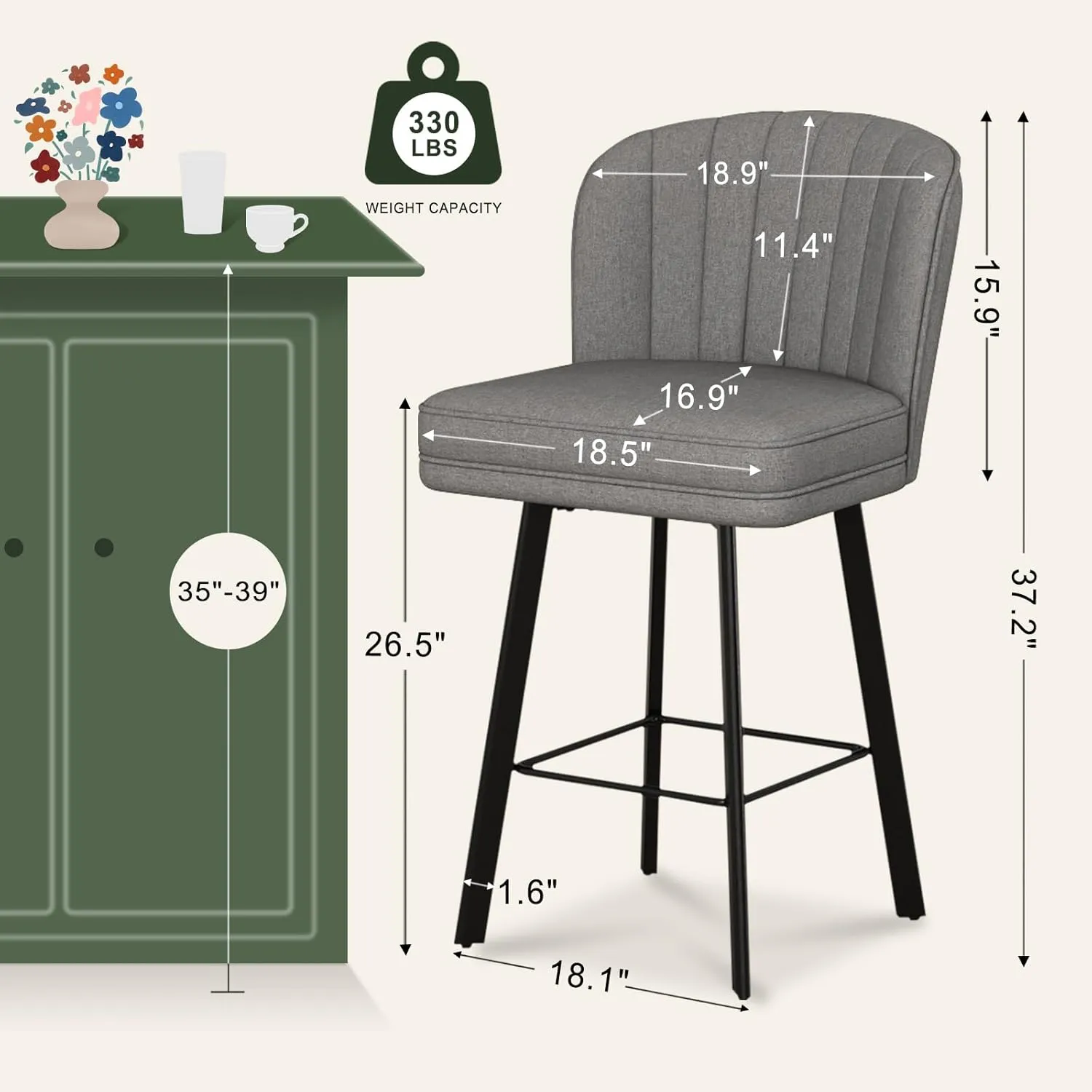Swivel Counter Height Bar Stools Set of 2, 26'' Modern Barstools with Backs and Metal Legs, Upholstered Bar Chairs, Faux Leather Mid-Gray Stools for Kitchen Island Chairs