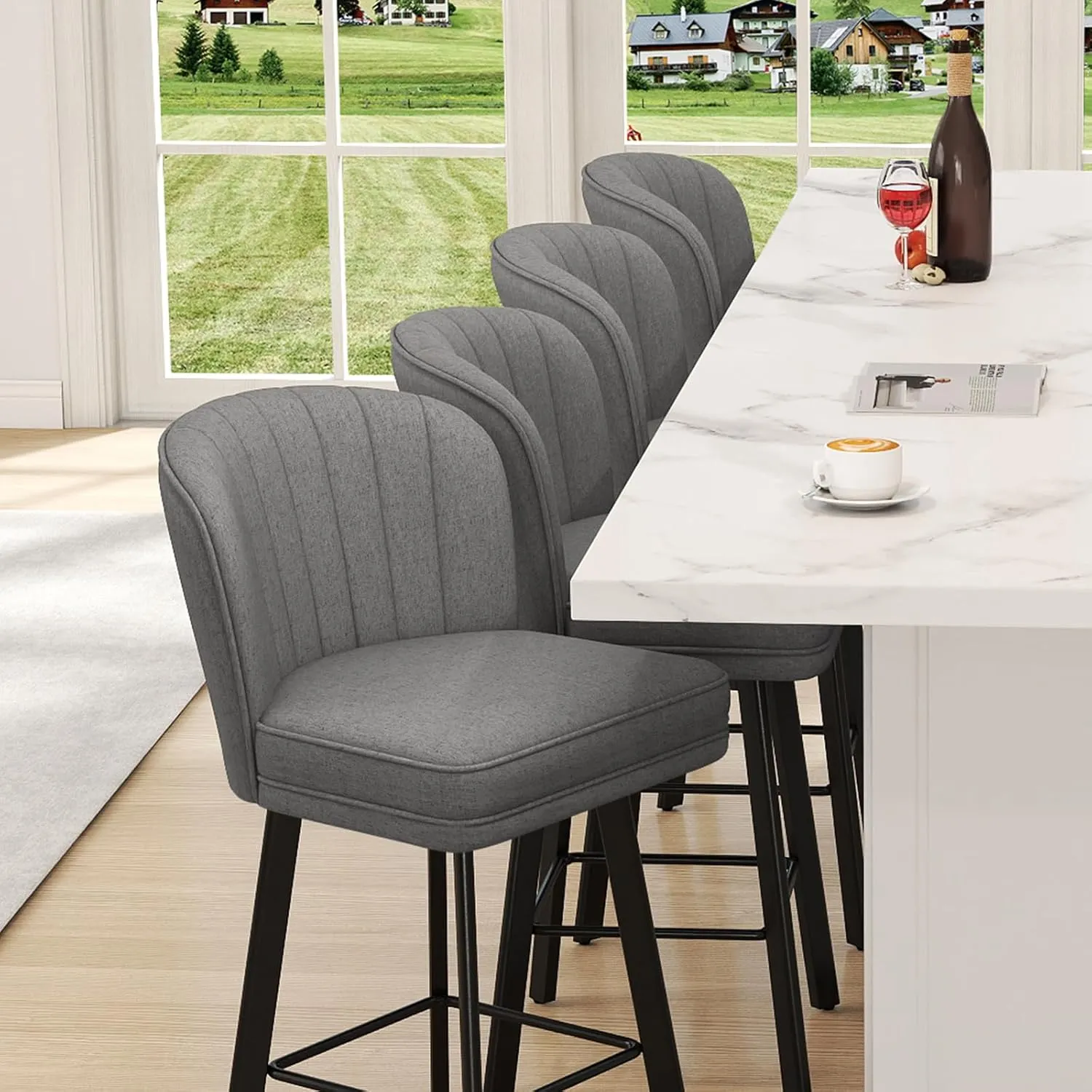 Swivel Counter Height Bar Stools Set of 2, 26'' Modern Barstools with Backs and Metal Legs, Upholstered Bar Chairs, Faux Leather Mid-Gray Stools for Kitchen Island Chairs