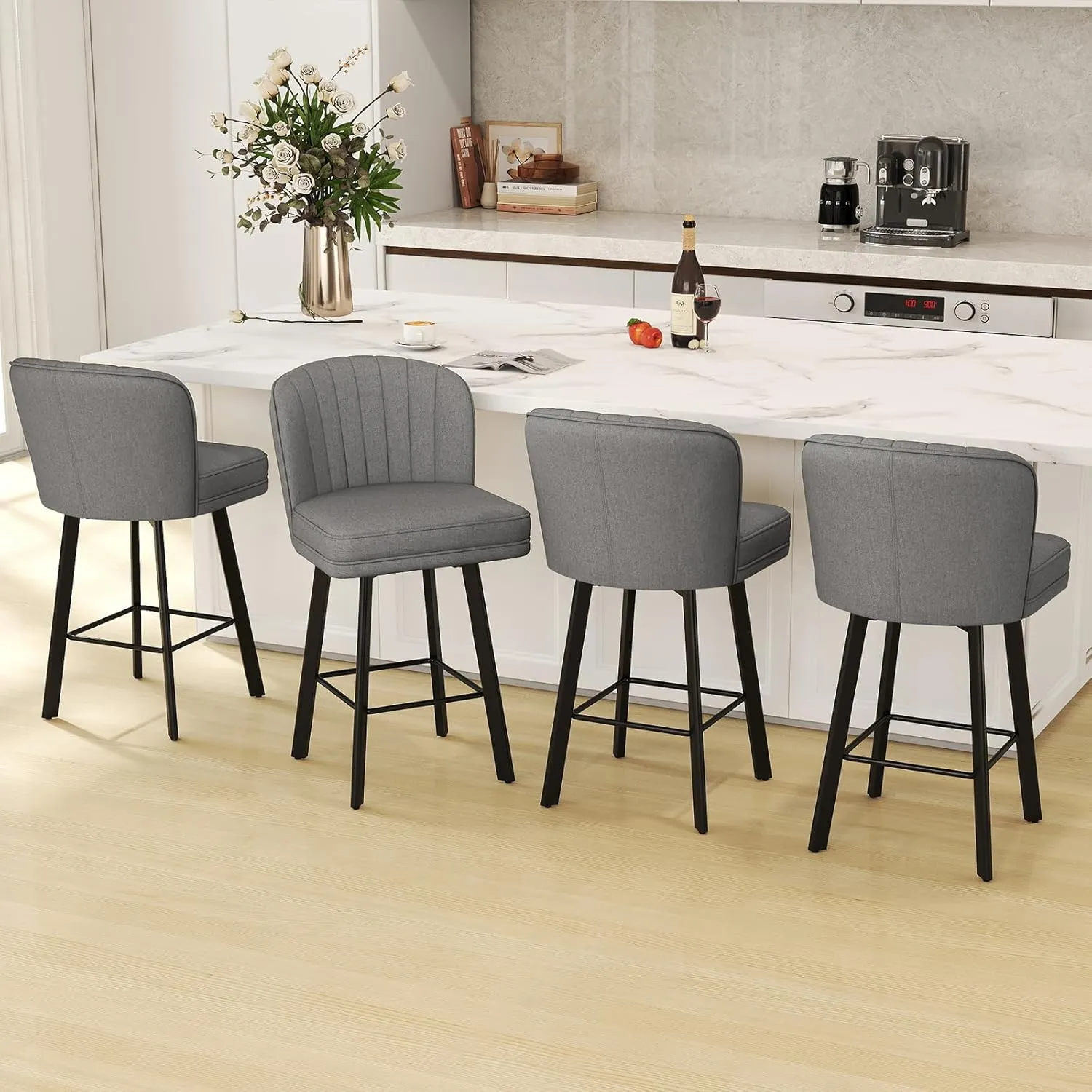 Swivel Counter Height Bar Stools Set of 2, 26'' Modern Barstools with Backs and Metal Legs, Upholstered Bar Chairs, Faux Leather Mid-Gray Stools for Kitchen Island Chairs