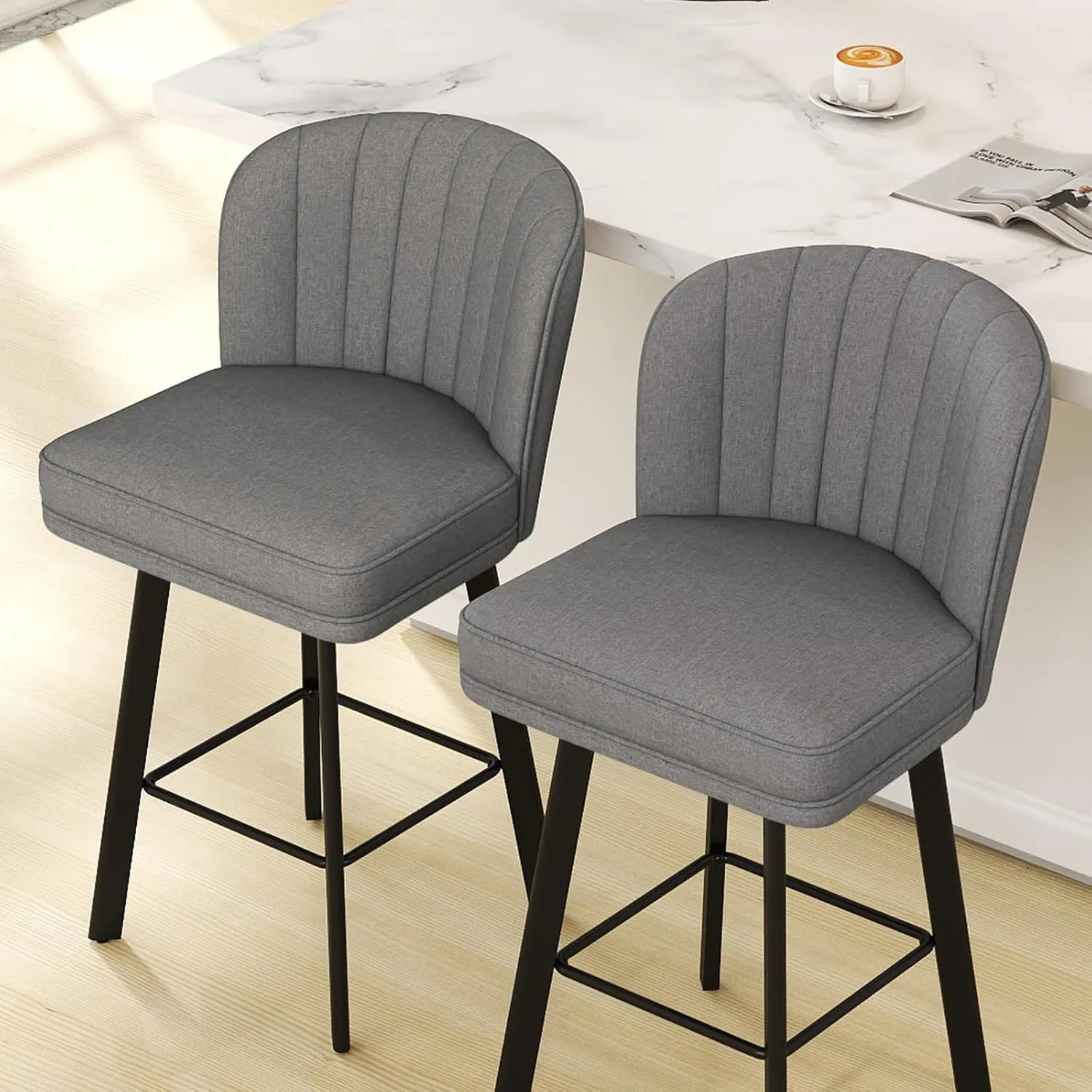 Swivel Counter Height Bar Stools Set of 2, 26'' Modern Barstools with Backs and Metal Legs, Upholstered Bar Chairs, Faux Leather Mid-Gray Stools for Kitchen Island Chairs