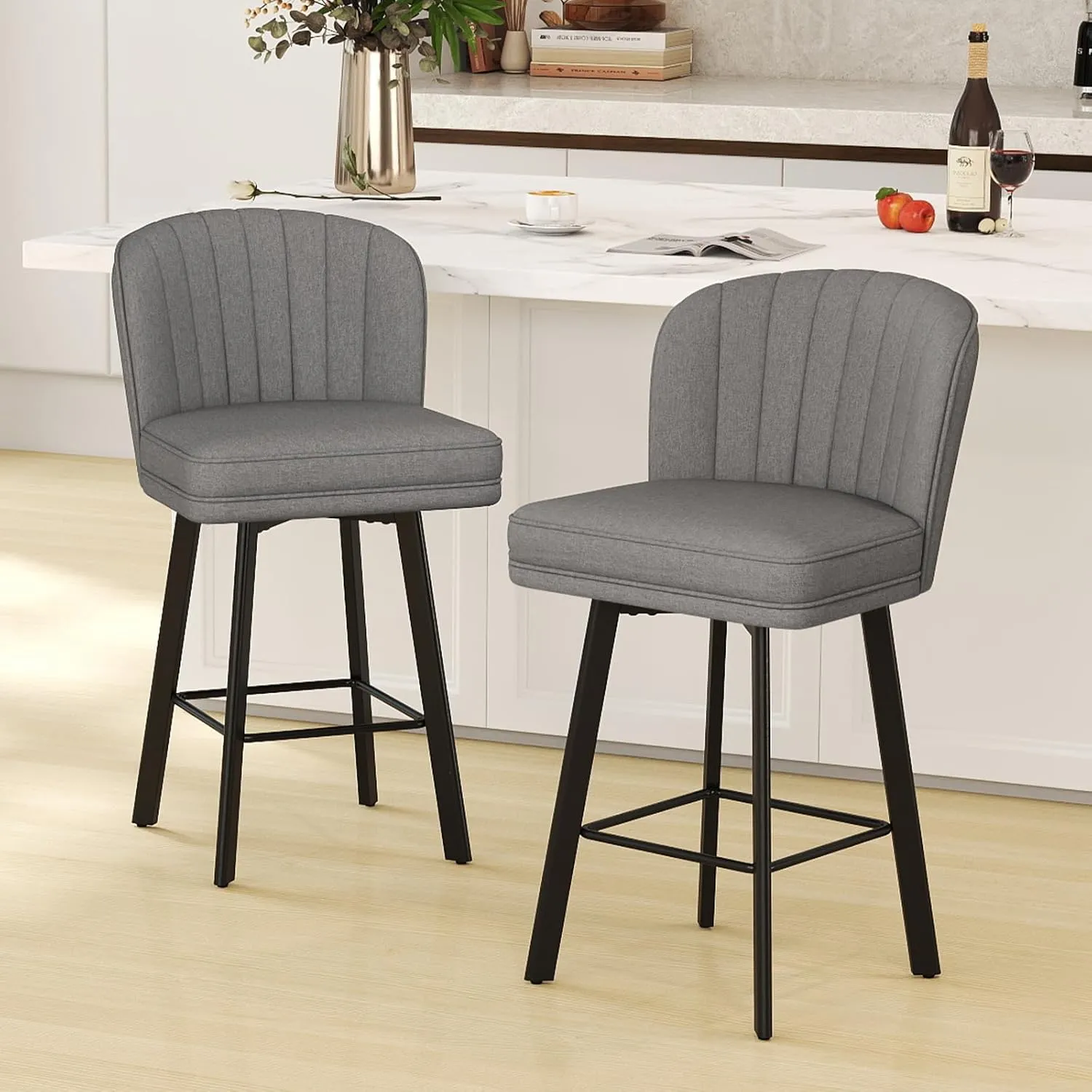 Swivel Counter Height Bar Stools Set of 2, 26'' Modern Barstools with Backs and Metal Legs, Upholstered Bar Chairs, Faux Leather Mid-Gray Stools for Kitchen Island Chairs