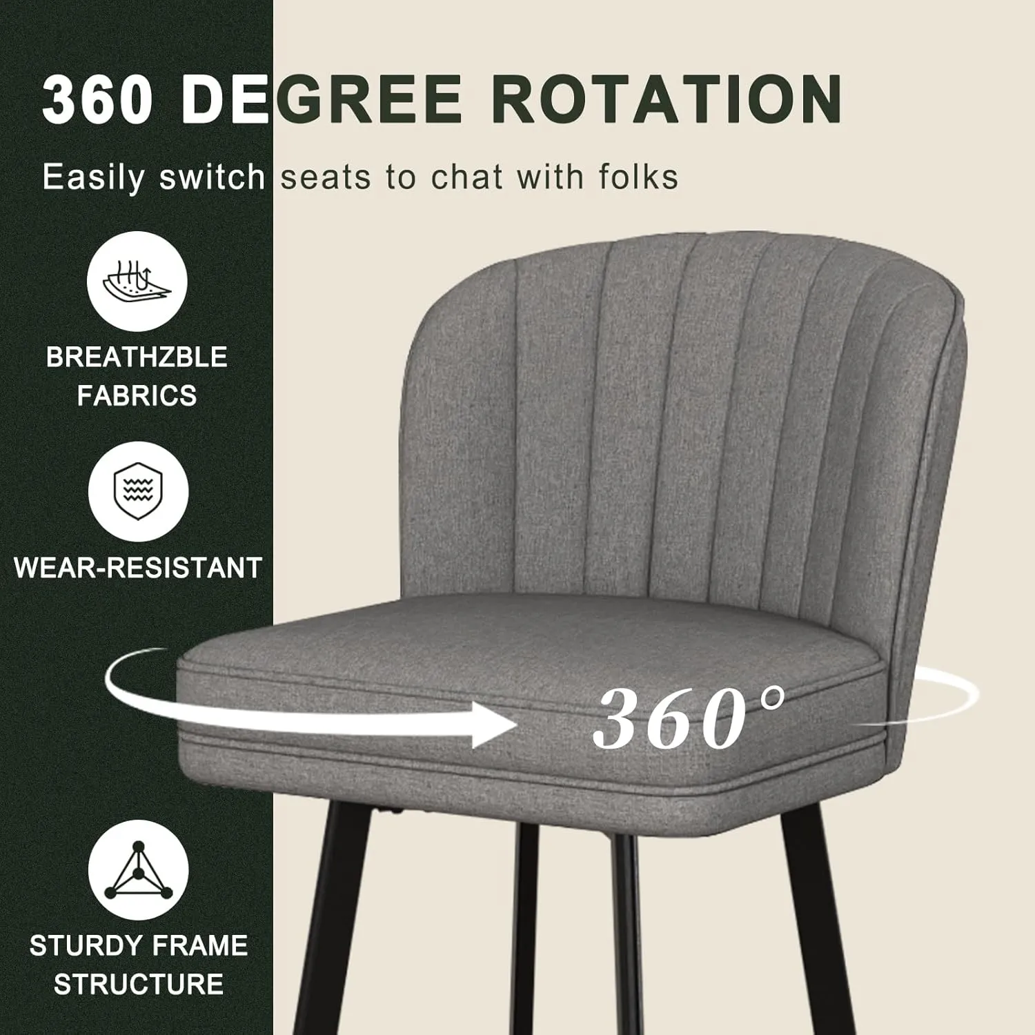 Swivel Counter Height Bar Stools Set of 2, 26'' Modern Barstools with Backs and Metal Legs, Upholstered Bar Chairs, Faux Leather Mid-Gray Stools for Kitchen Island Chairs