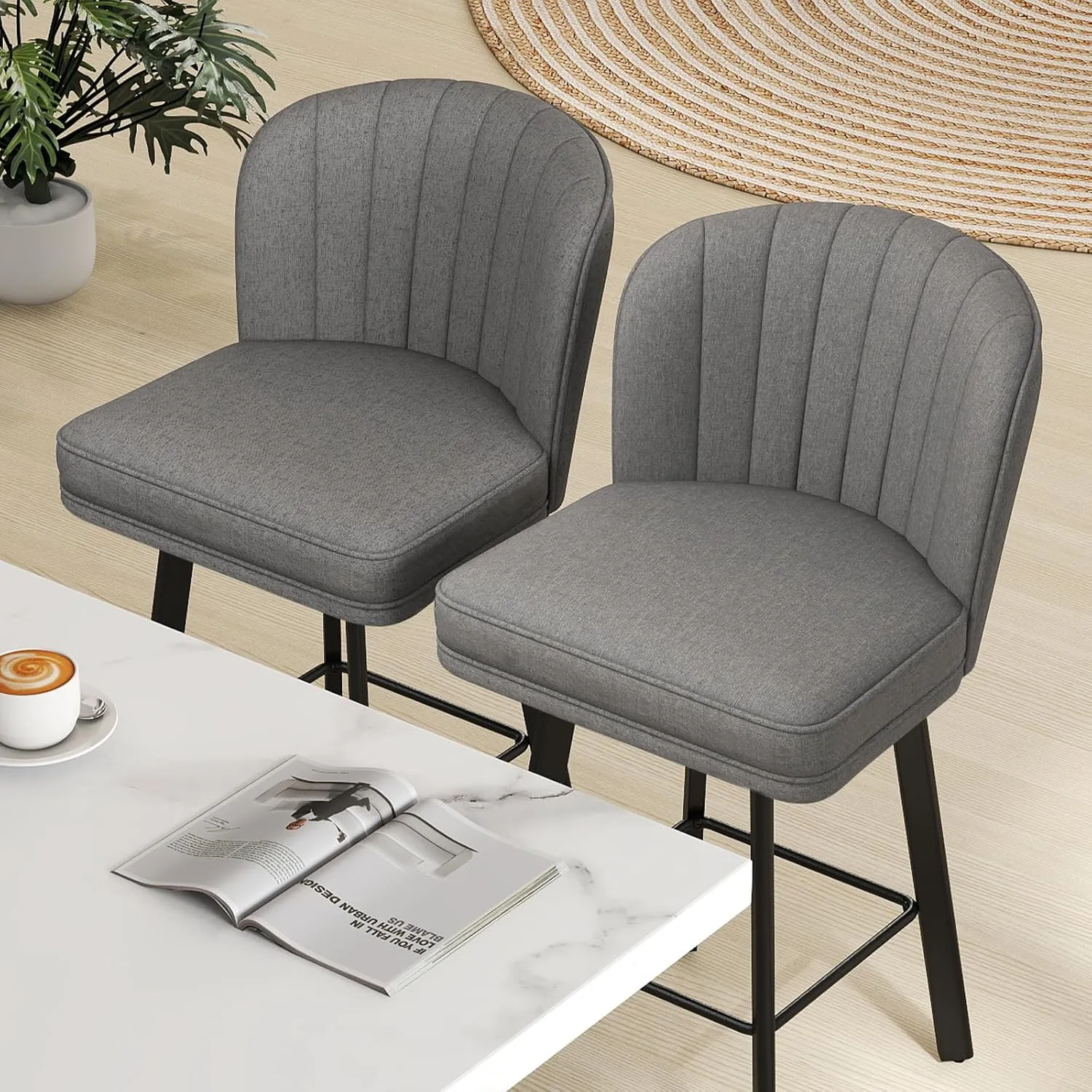 Swivel Counter Height Bar Stools Set of 2, 26'' Modern Barstools with Backs and Metal Legs, Upholstered Bar Chairs, Faux Leather Mid-Gray Stools for Kitchen Island Chairs